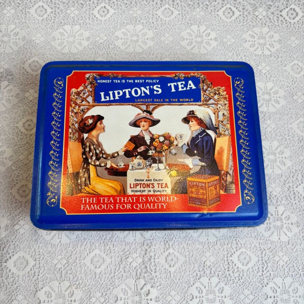 Vintage Lipton Tea Tin Storage Box Blue Victorian Advertising Collectible
